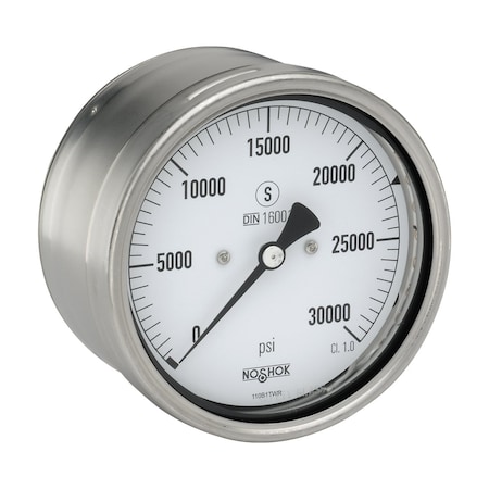 Noshok Pressure Gauge, -30 inHg to 0 to 30 psi psi, 4 in Dial, 1/2 in NPT, Back Location 40-510-30/30-psi-SSFF